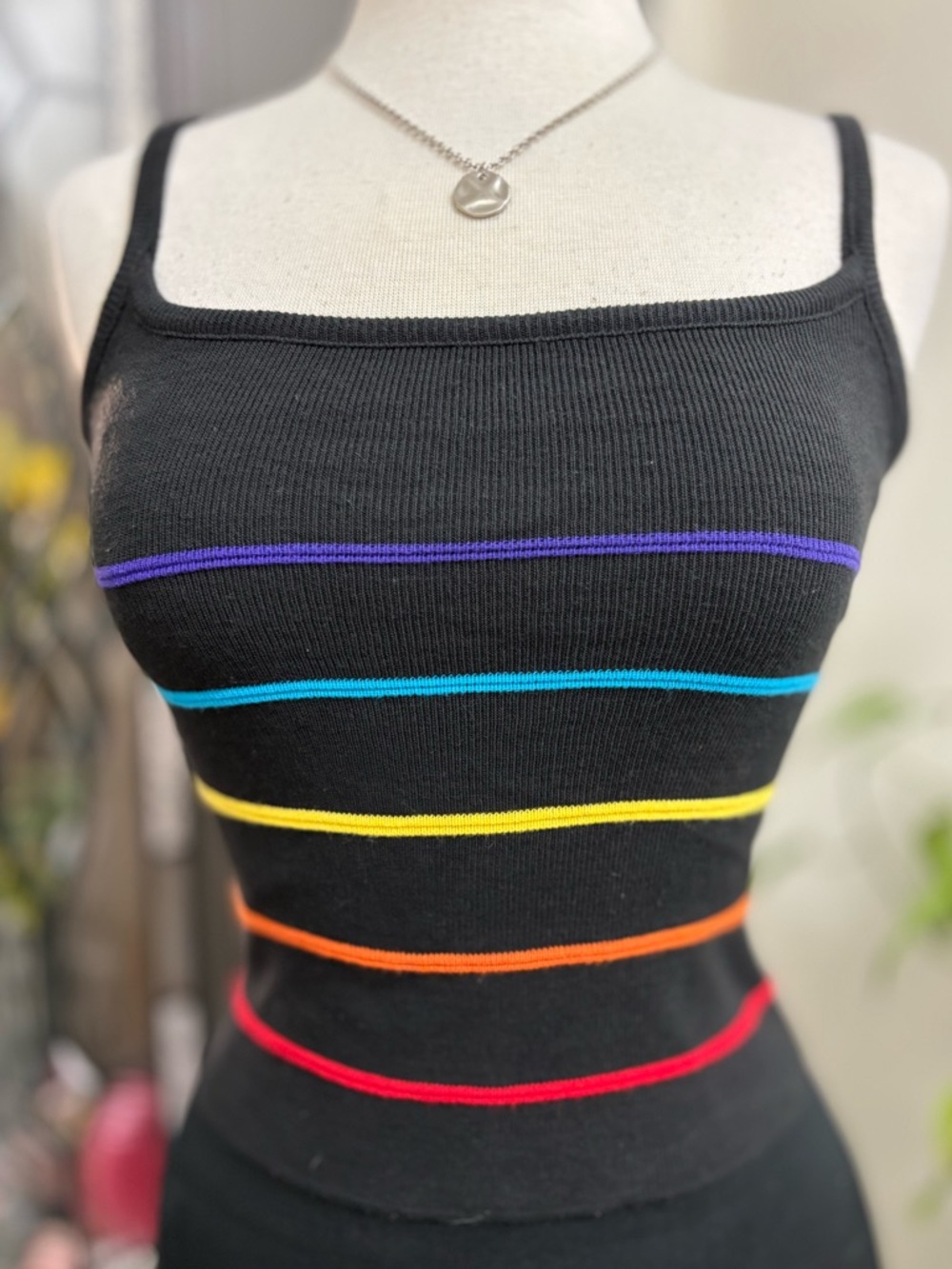 No Boundaries Black Ribbed Tank with Multicolor Stripe Accents